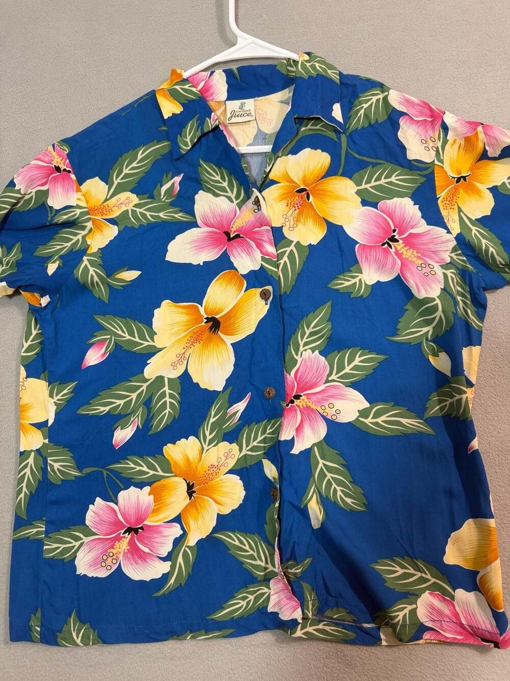 Pineapple Juice Vintage Blue Floral Hibiscus Aloha Hawaiian Short Sleeve Shirt
